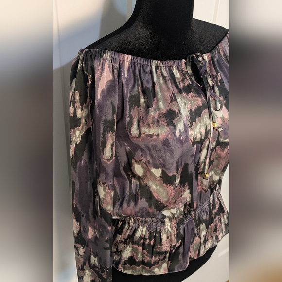 MICHAEL KORS Chic Women's Off The Shoulder Peplum Top Abstract Watercolor Sz S - Picture 5 of 13